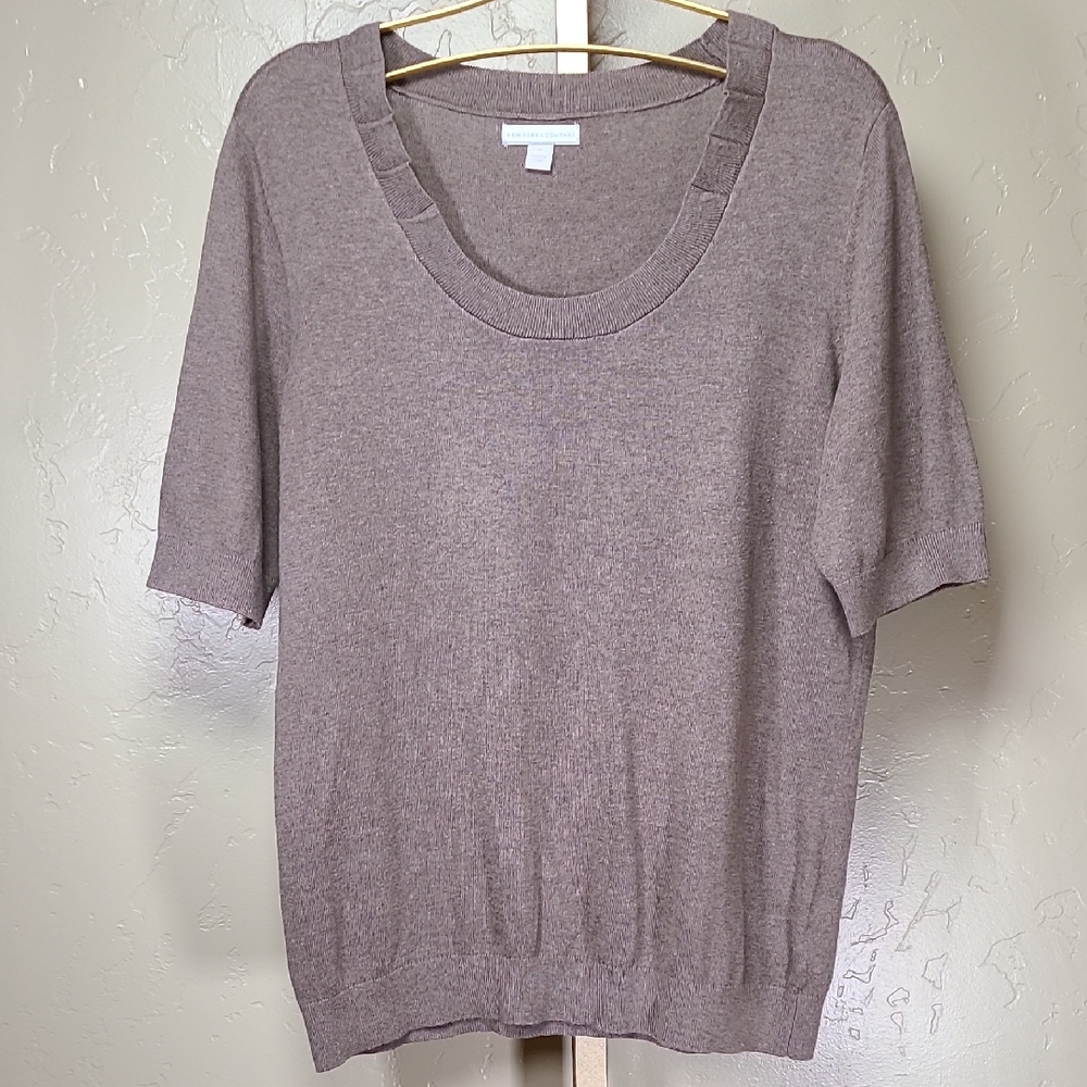 New York & Company Light Brown Knit Top Short‎ Sleeve Lightweight Sweater XL